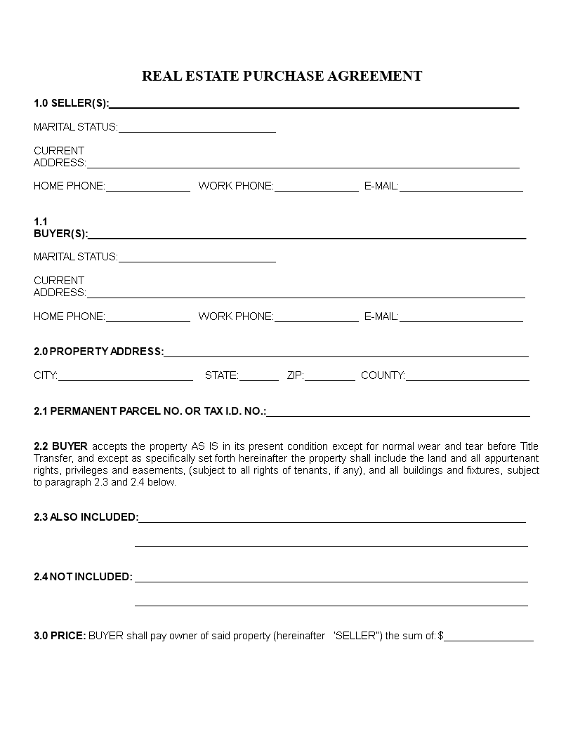 Free Printable Real Estate Purchase Agreement Form Printable Forms 
