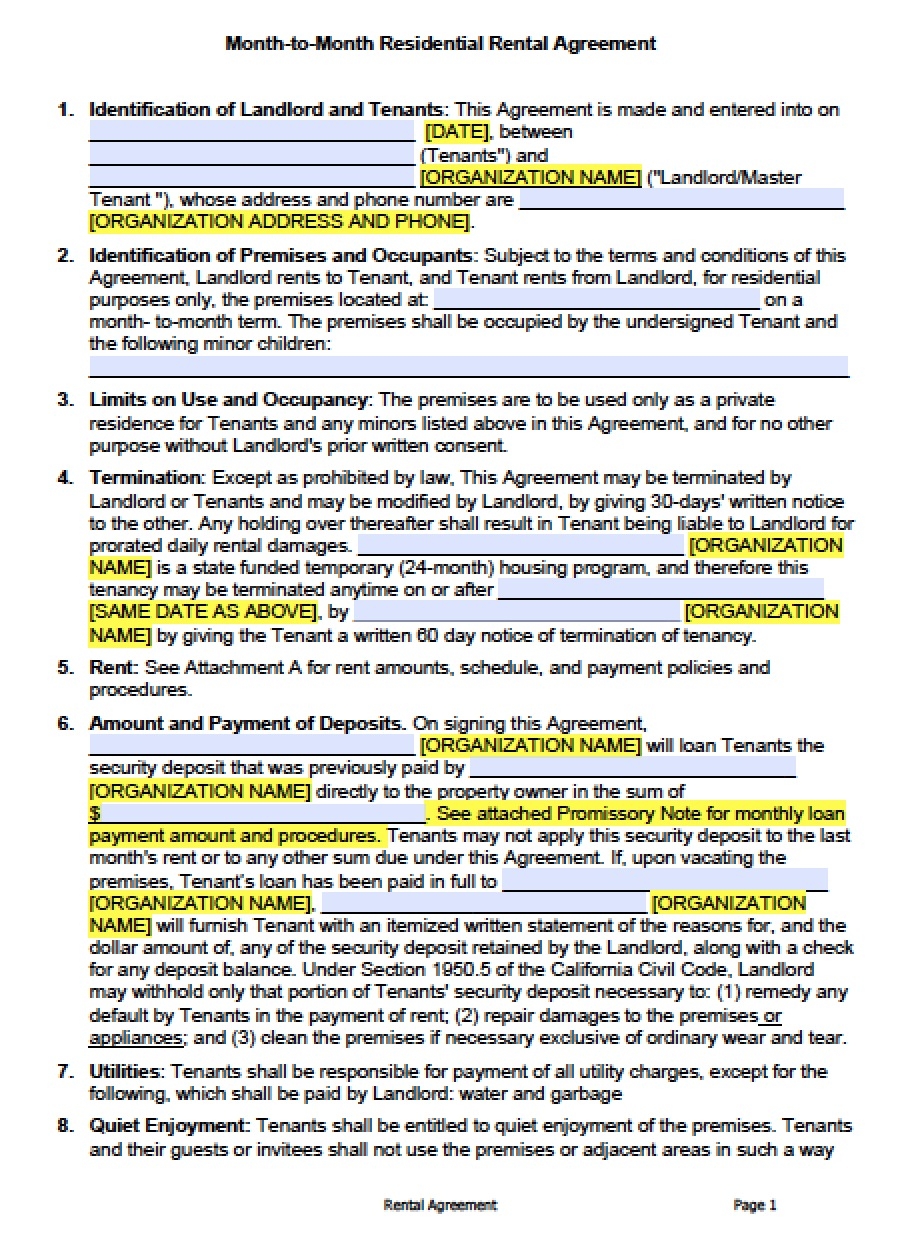 Printable Rental Agreement California