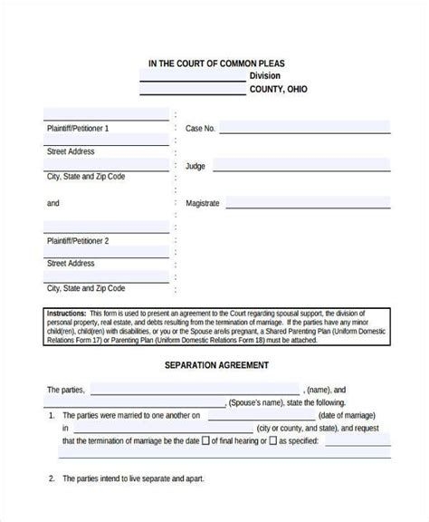 Free Printable Separation Agreement Ontario Template At Pictemplate 