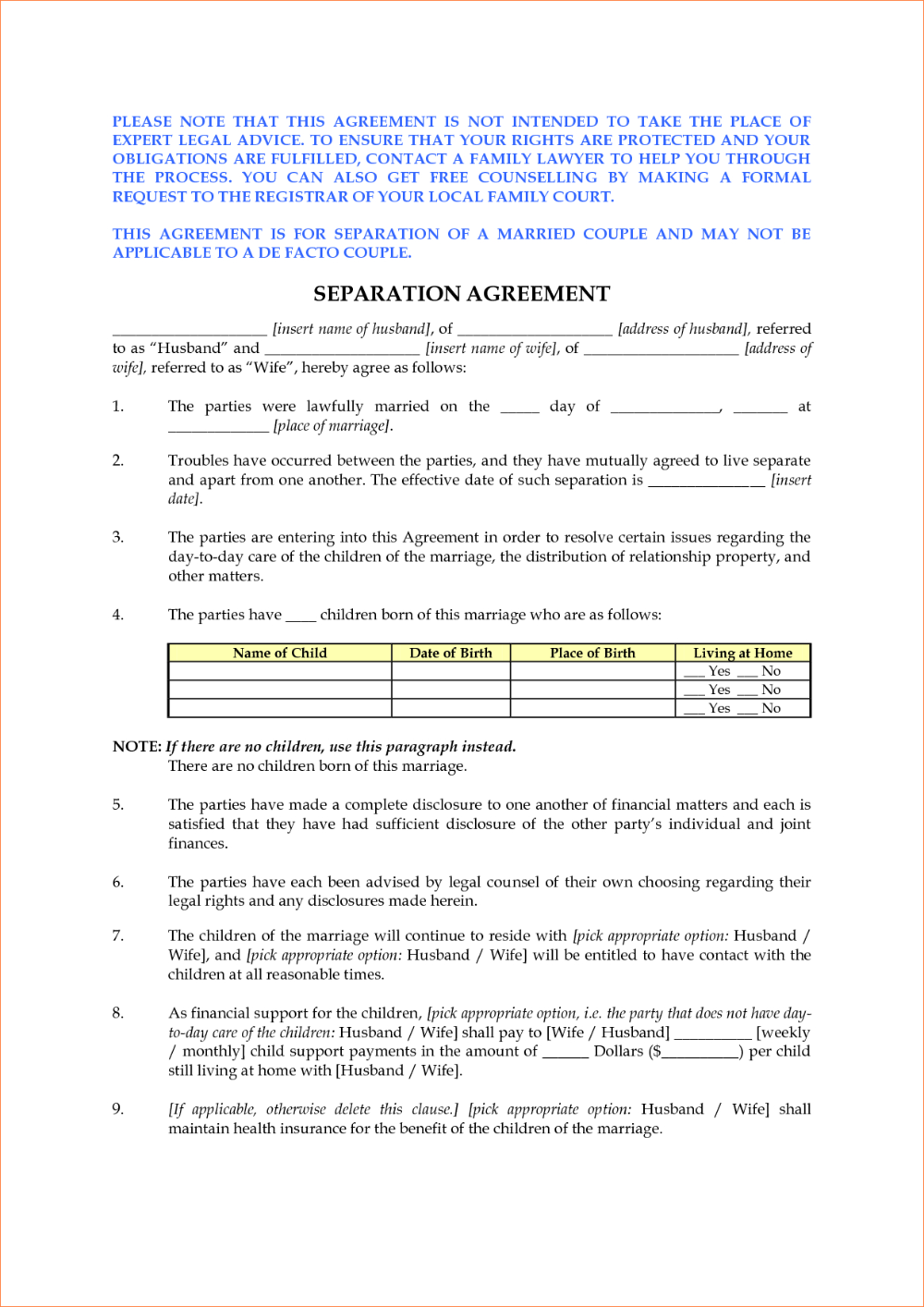 Free Printable Separation Agreement Ontario Template Printable Templates