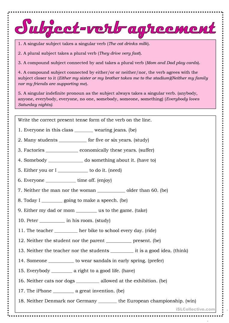 Printable Subject Verb Agreement Worksheets
