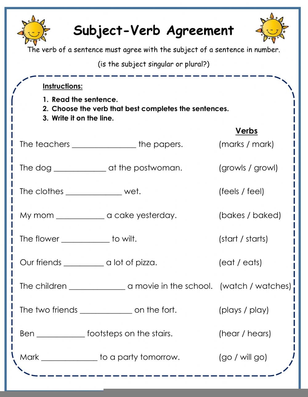 Printable Subject Verb Agreement Rules