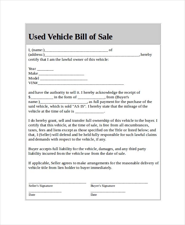 Free Printable Used Car Sale Agreement