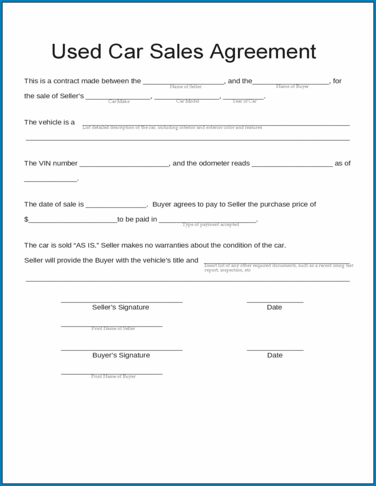  Free Printable Used Car Sales Agreement Template