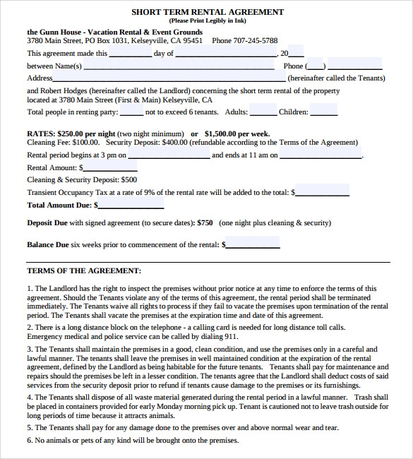 Free Printable Vacation Rental Agreement