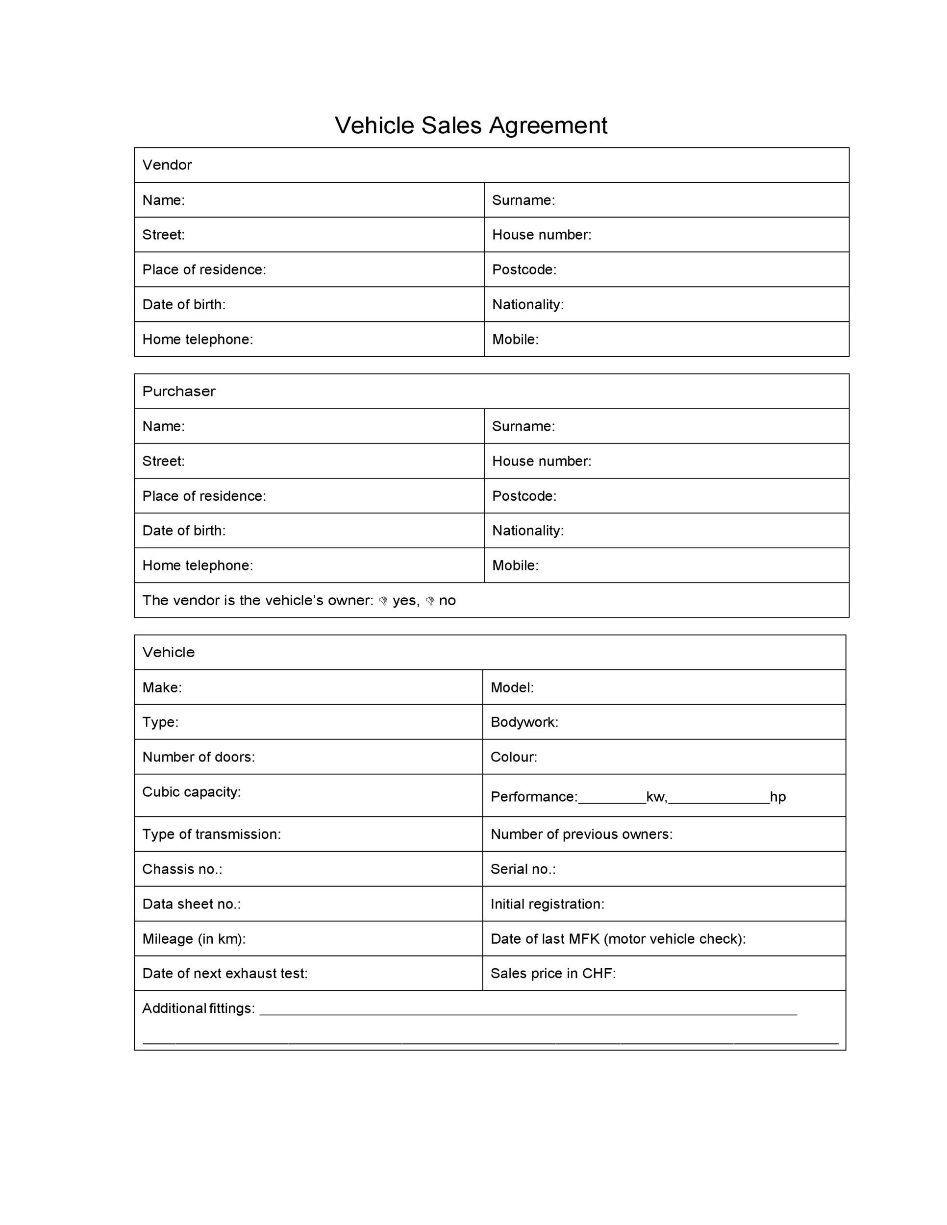 Free Printable Vehicle Purchase Agreement
