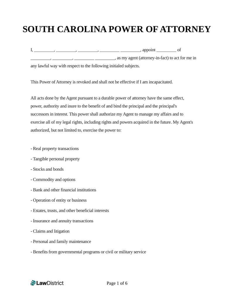 South Carolina Power Of Attorney Form 2025 Printable