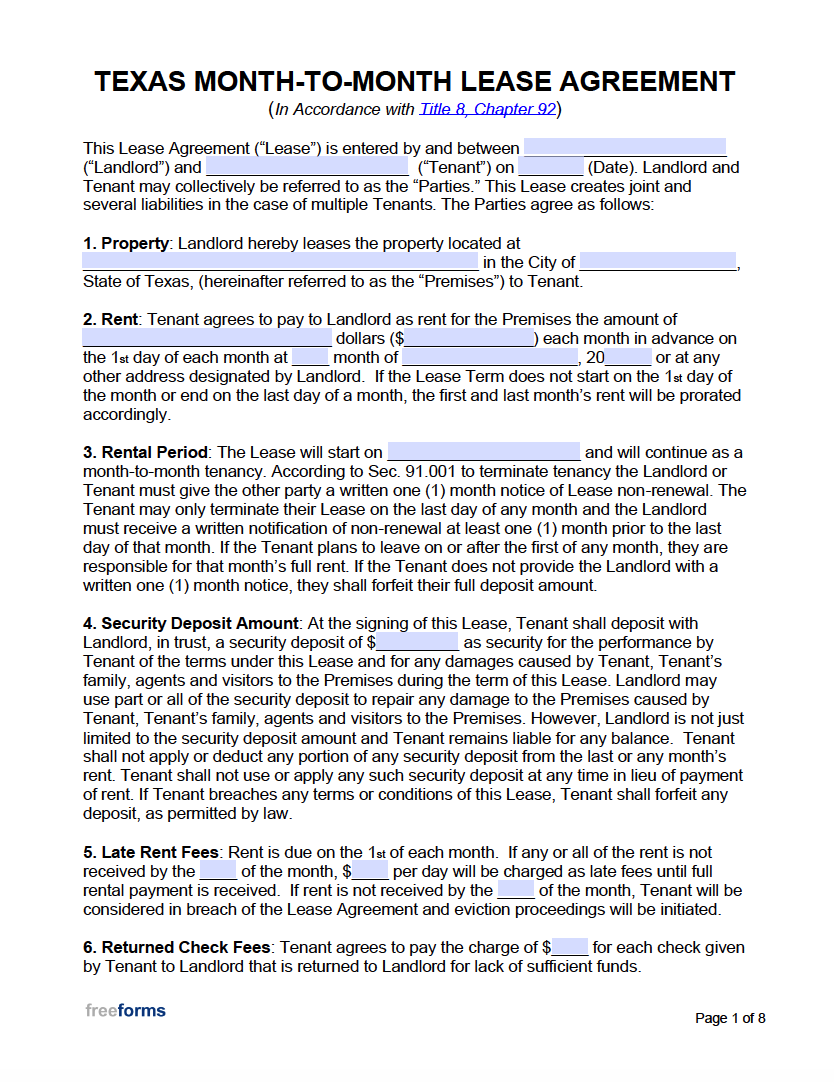 Free Texas Month To Month Lease Agreement Form PDF WORD