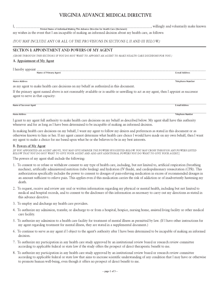 Free Virginia Advance Directive Form PDF