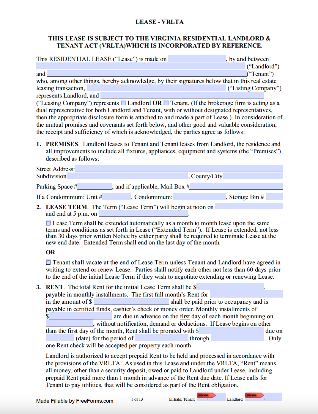 Free Printable Virginia Lease Agreement
