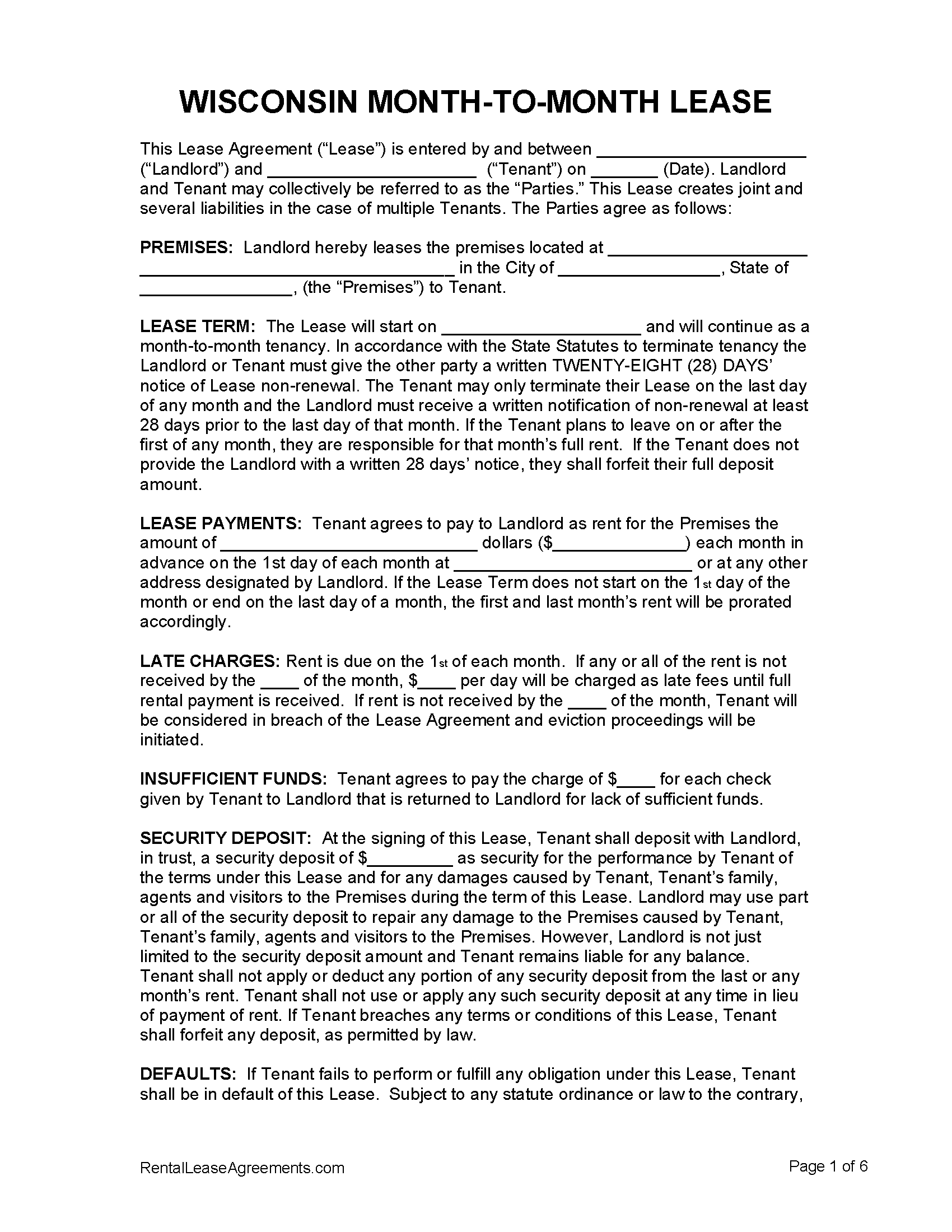 Printable 6 Month Lease Agreement