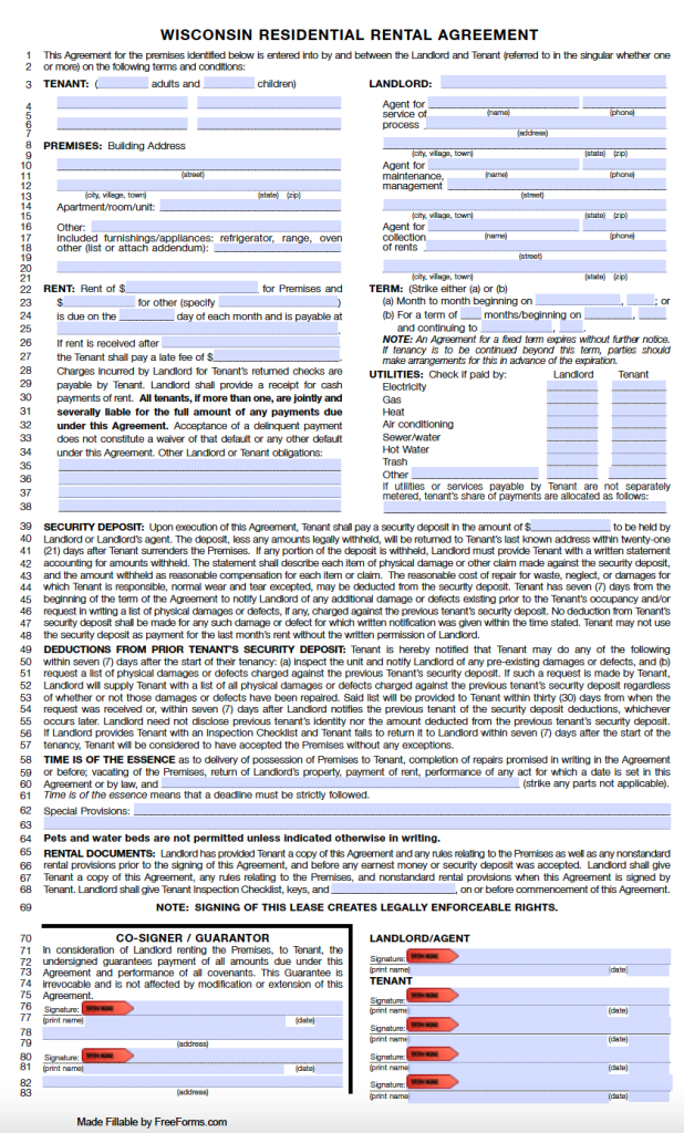Printable Lease Agreement Wisconsin