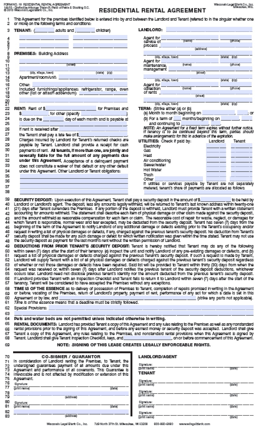 Free Printable Wisconsin Residential Lease Agreement