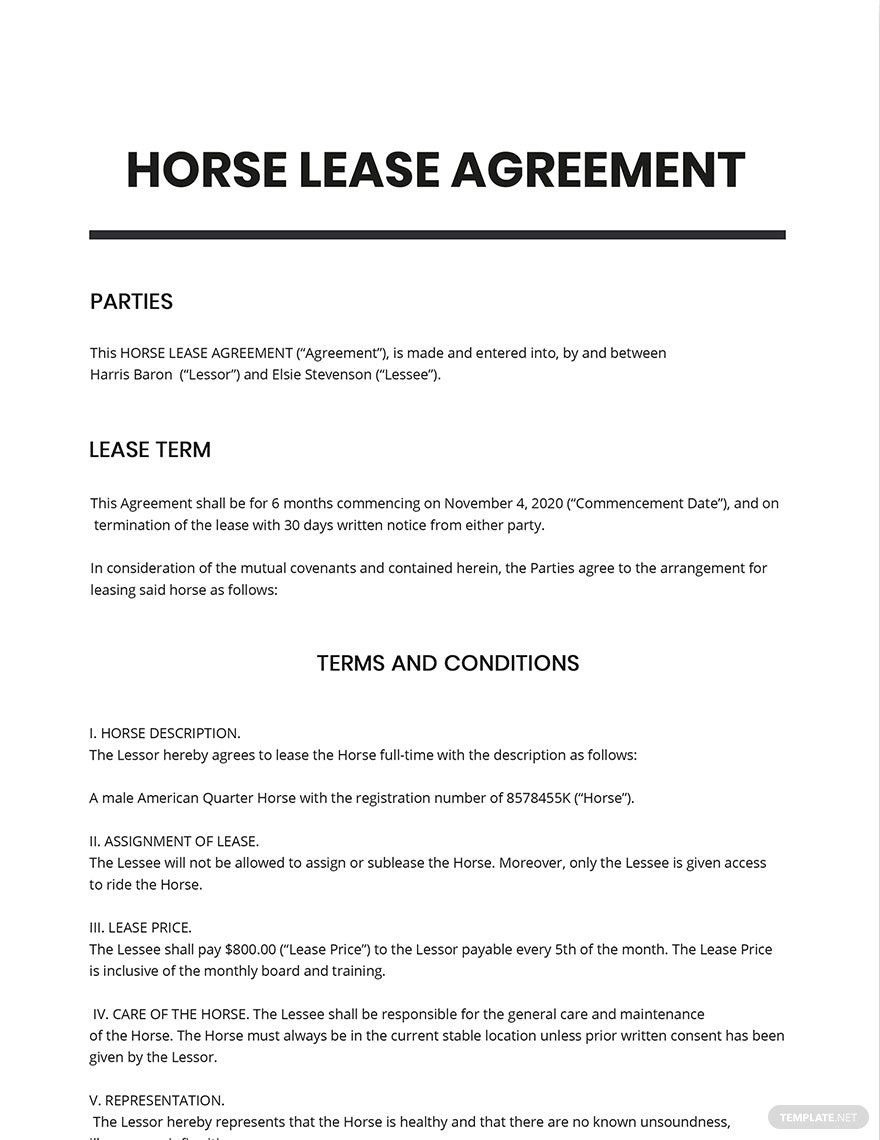 Horse Loan Agreement Template Google Docs Word Apple Pages 