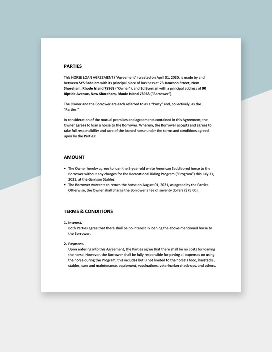 Horse Loan Agreement Template In Word Google Docs Pages Download 