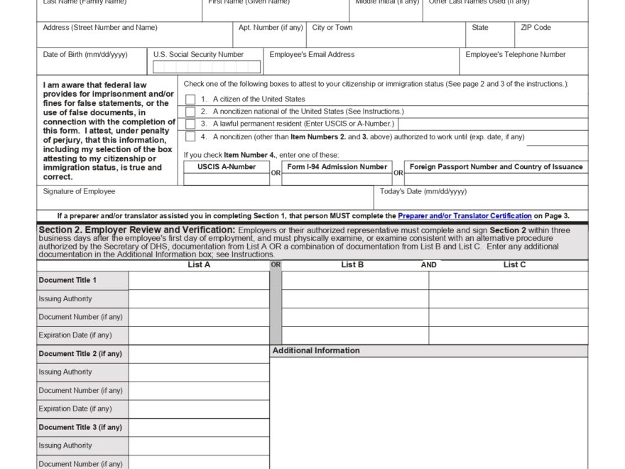 I 9 Form 2025 Printable Employment Eligibility Verification IRS Tax
