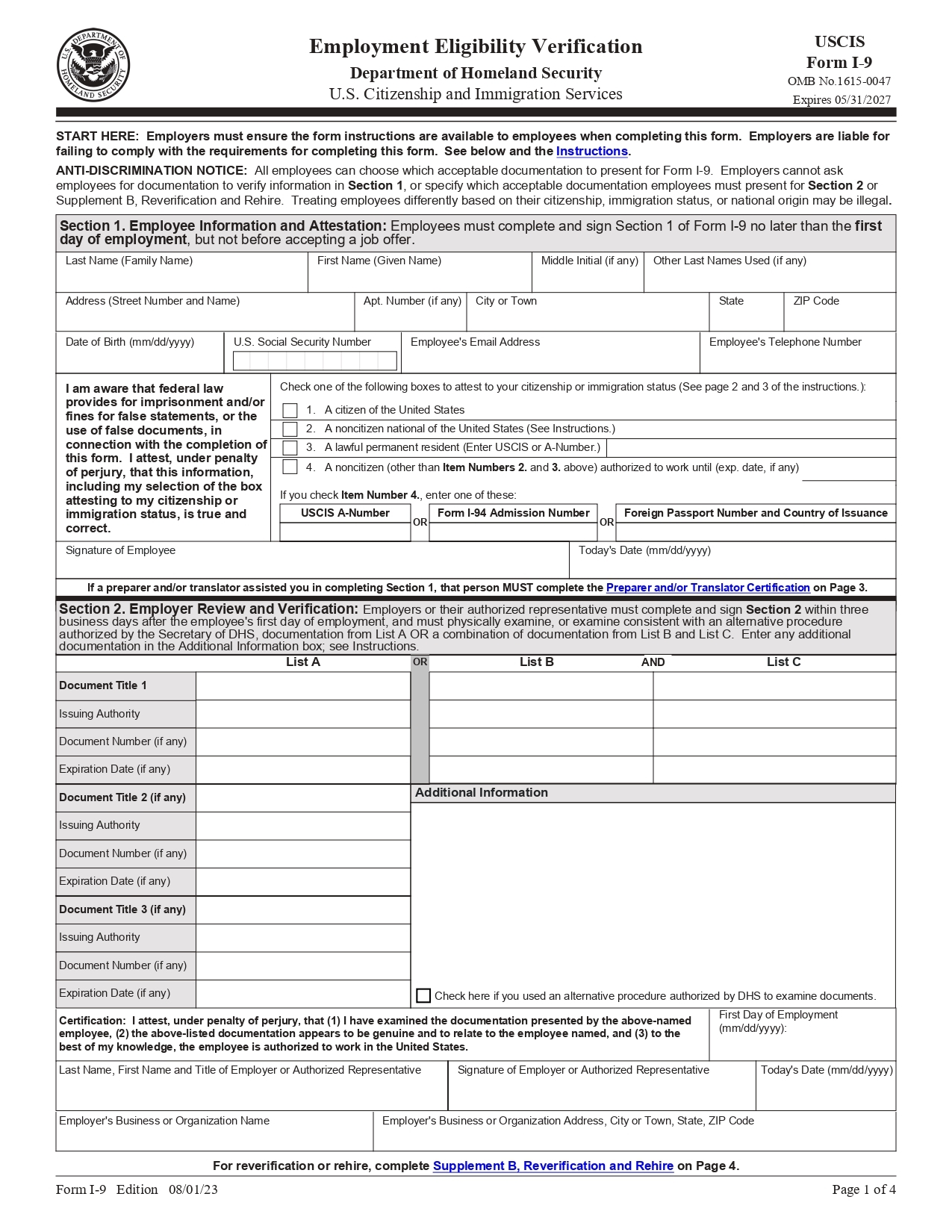 I 9 Form 2025 Printable Employment Eligibility Verification IRS Tax 