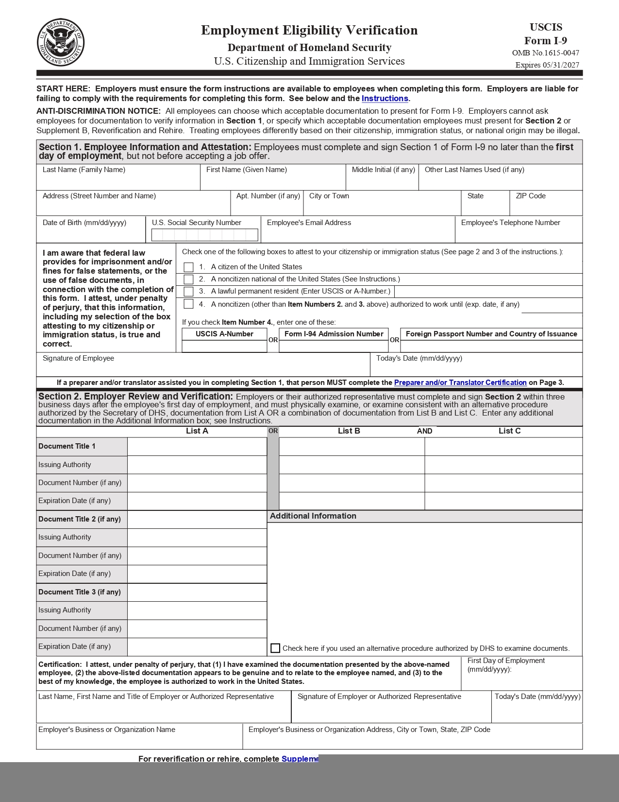 I 9 Form 2025 Printable Employment Eligibility Verification IRS Tax 