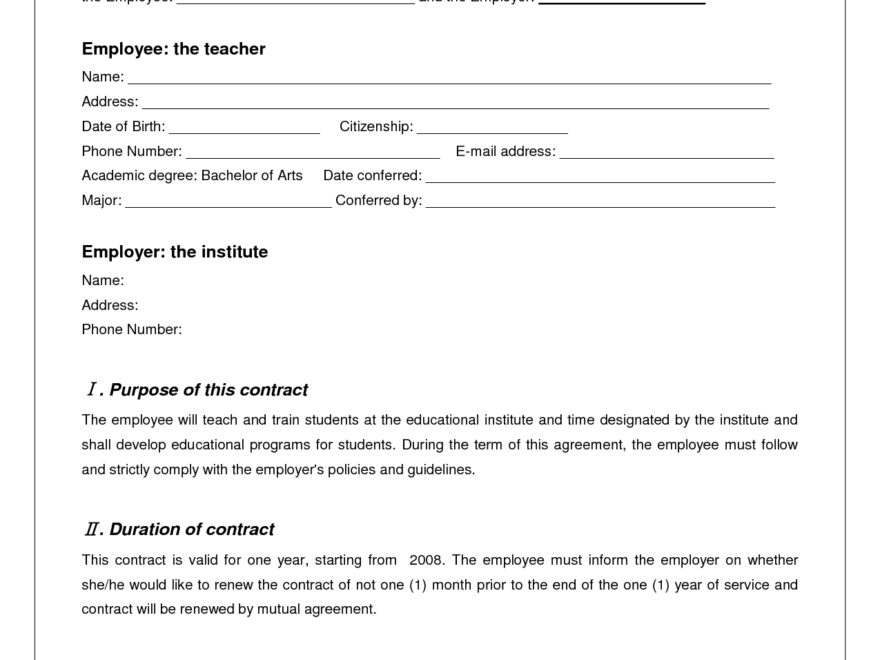 Job Printable Employment Contract Template Printable Templates
