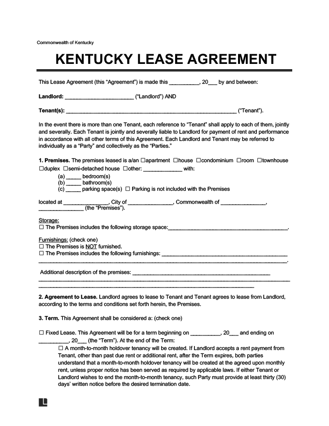 Free Printable Lease Agreement Kentucky