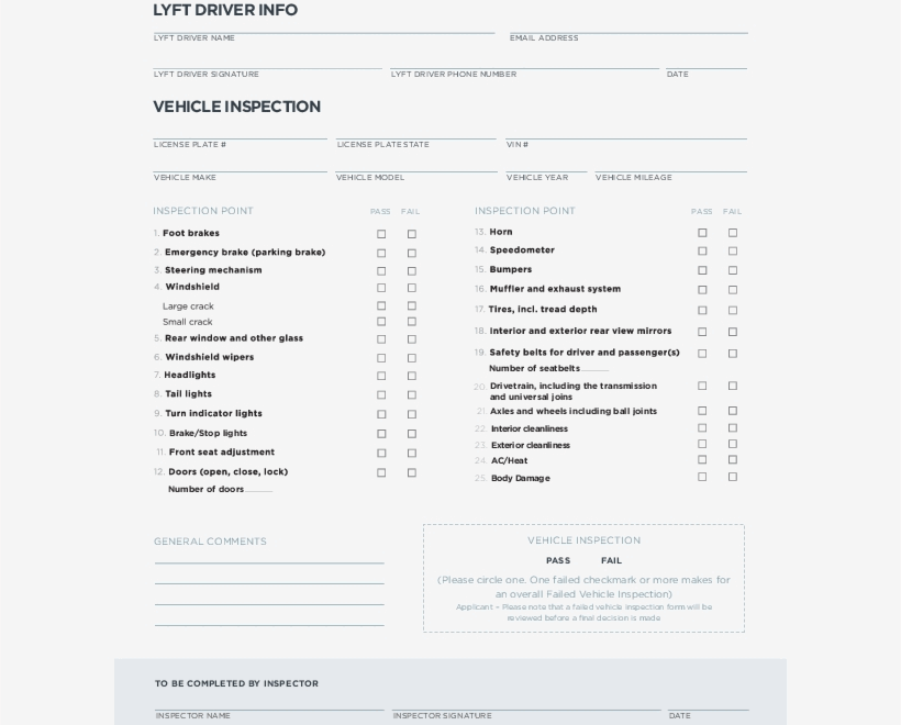 Lyft Inspection Form Printable Printable Forms Free Online