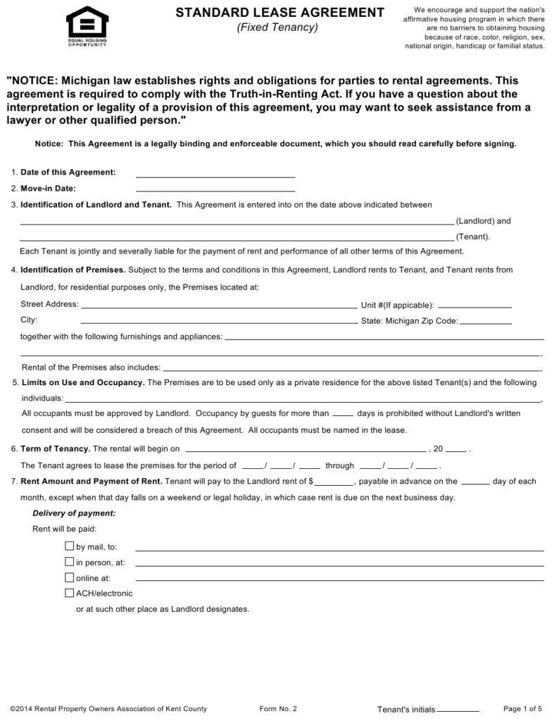 Michigan Standard Lease Agreement Form Rental Property Owners 