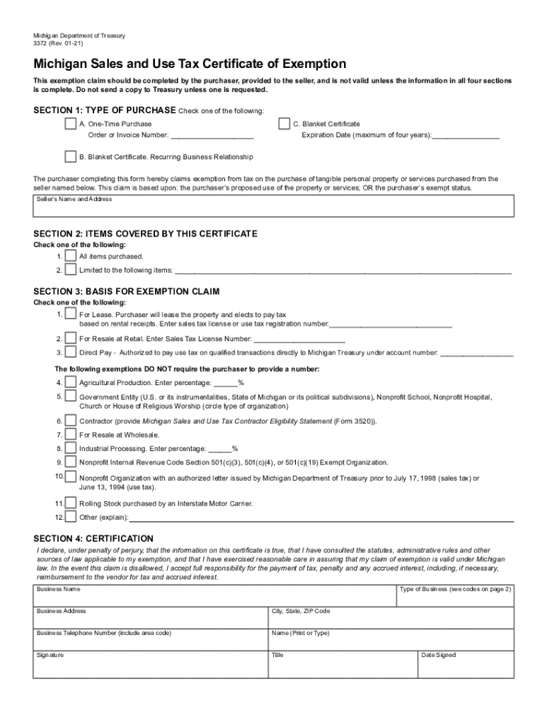 Michigan Tax Exempt 3372 2021 2025 Form Fill Out And Sign Printable 