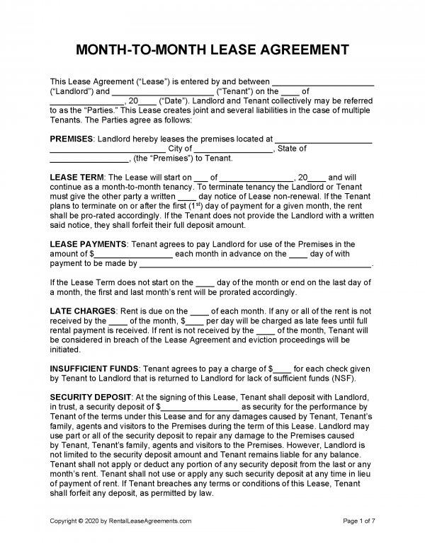 Free Printable 30 Day Rental Agreement