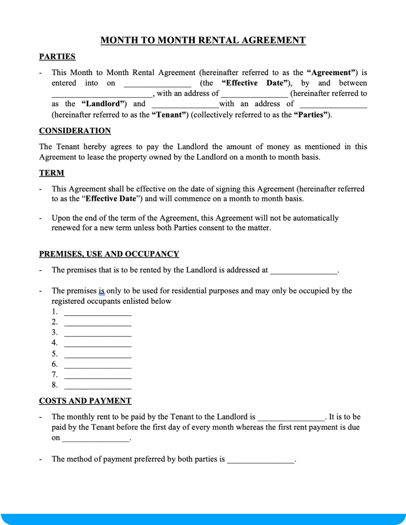 Free Printable Basic Rental Agreement Month To Month