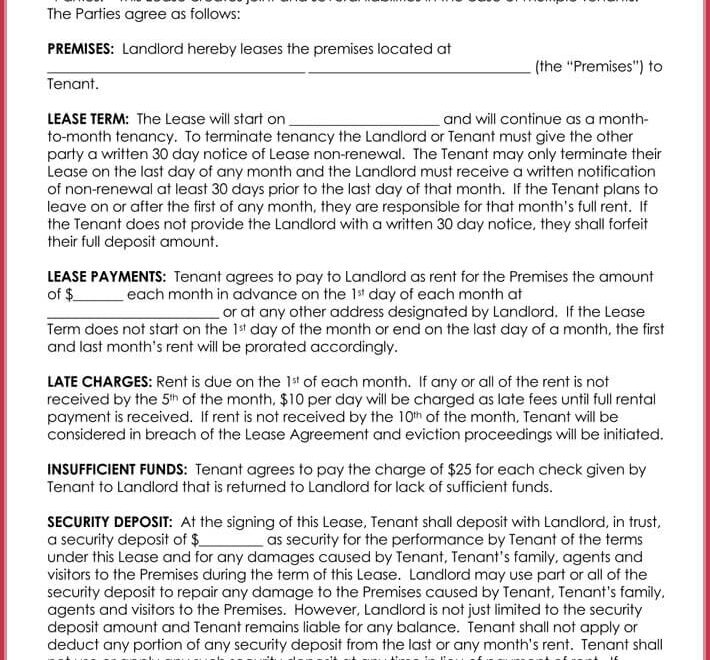 Month To Month Printable Month To Month Rental Agreement Form