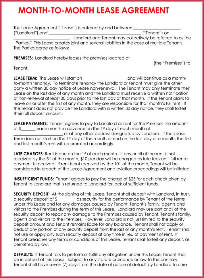 Printable Rental Agreement Month To Month