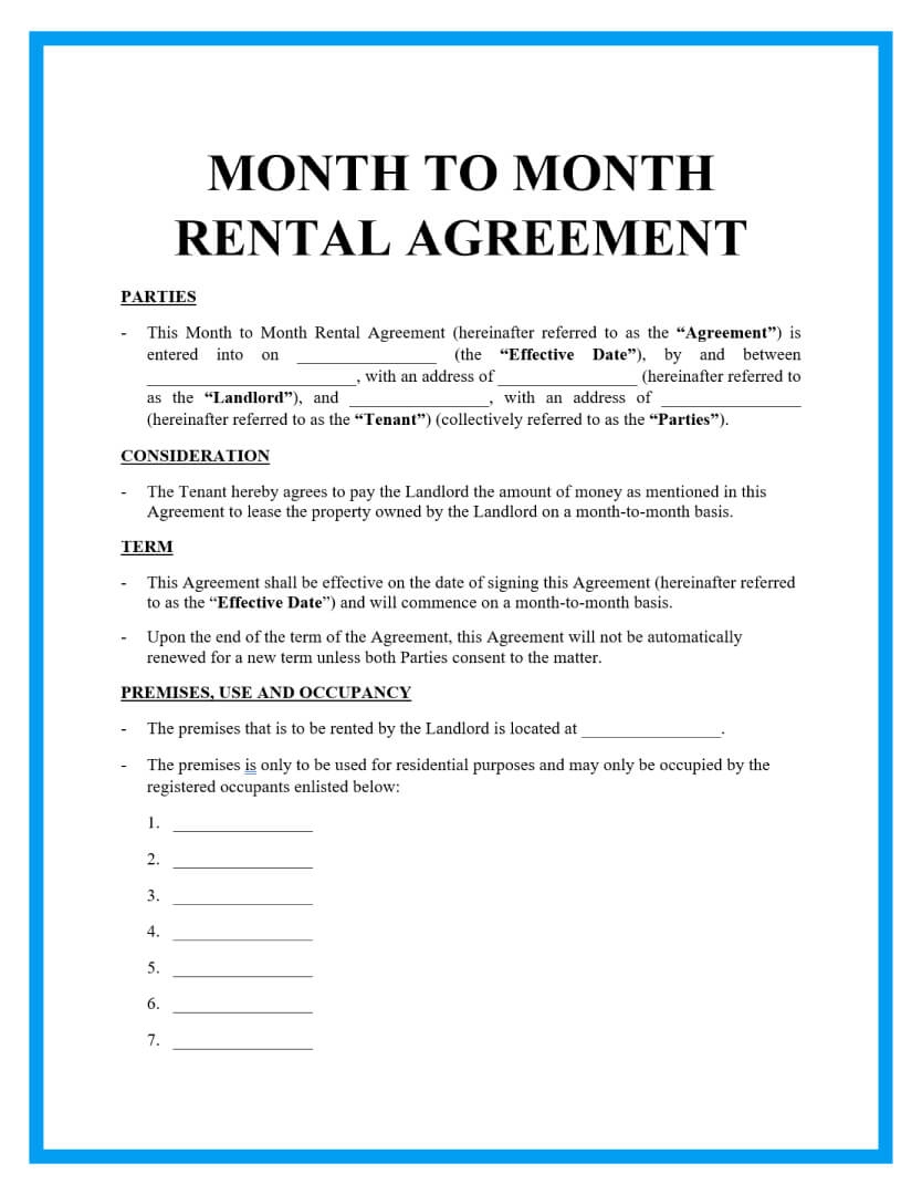 Monthly Rental Agreement Forms FREE Printable Printable Lease Agreement
