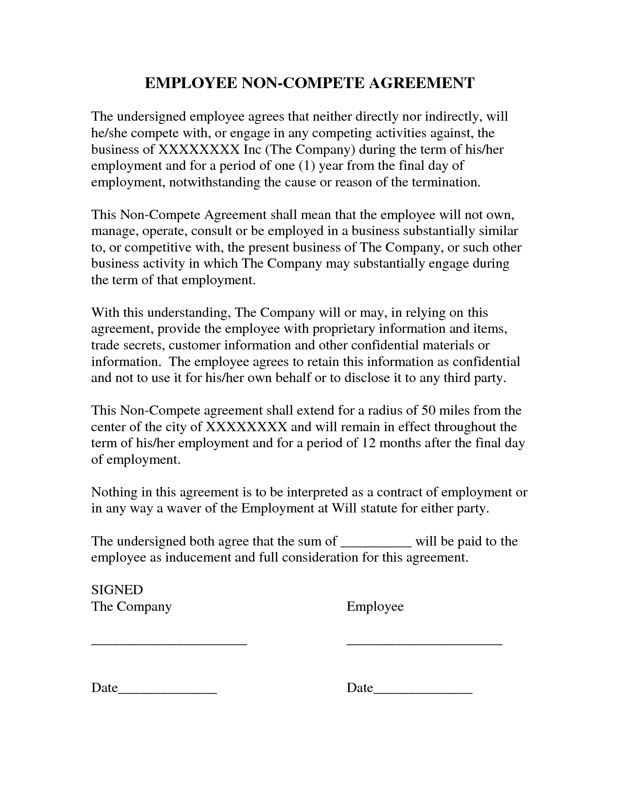 Printable Non Compete Agreement