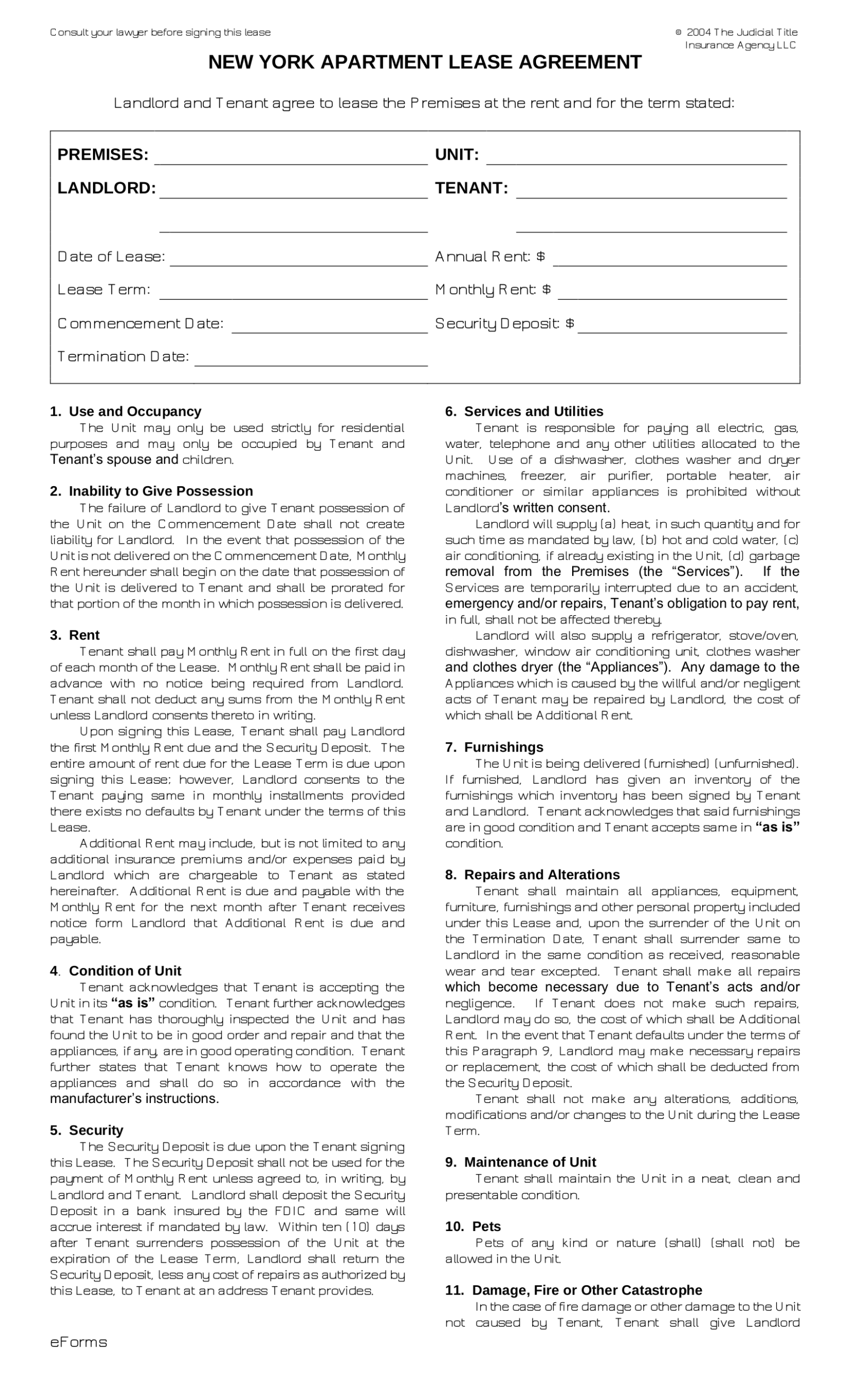Nyc Apartment Lease Agreement Free Printable