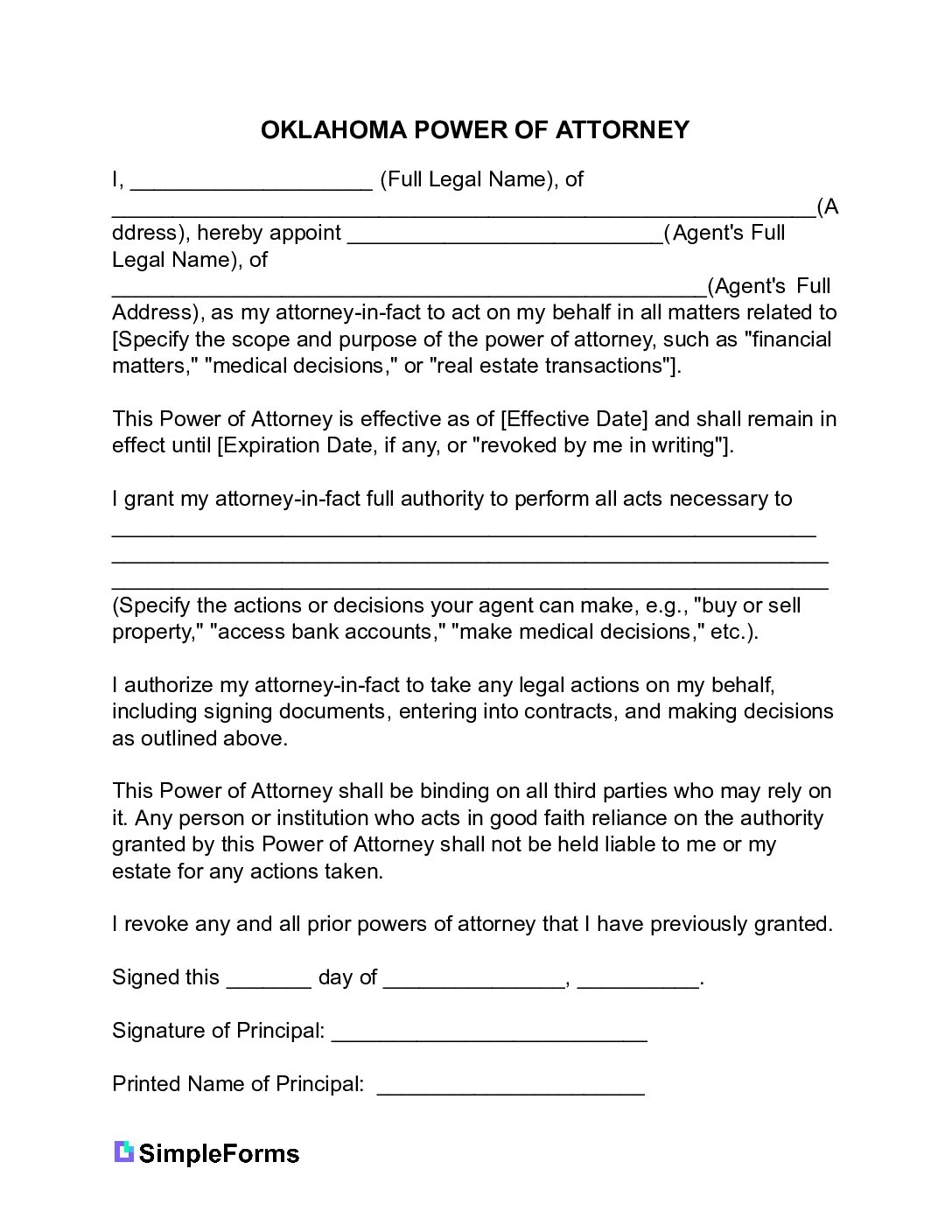 Printable Oklahoma Power Of Attorney Form 2025