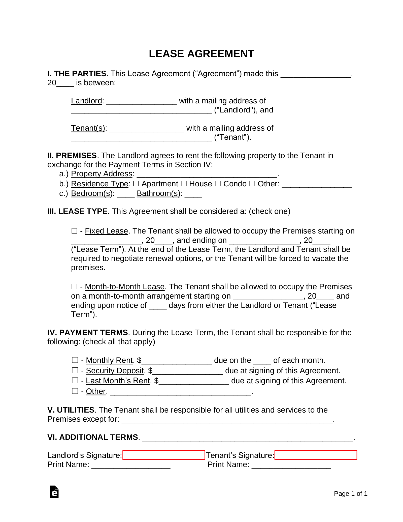 One Page Lease Agreement Printable