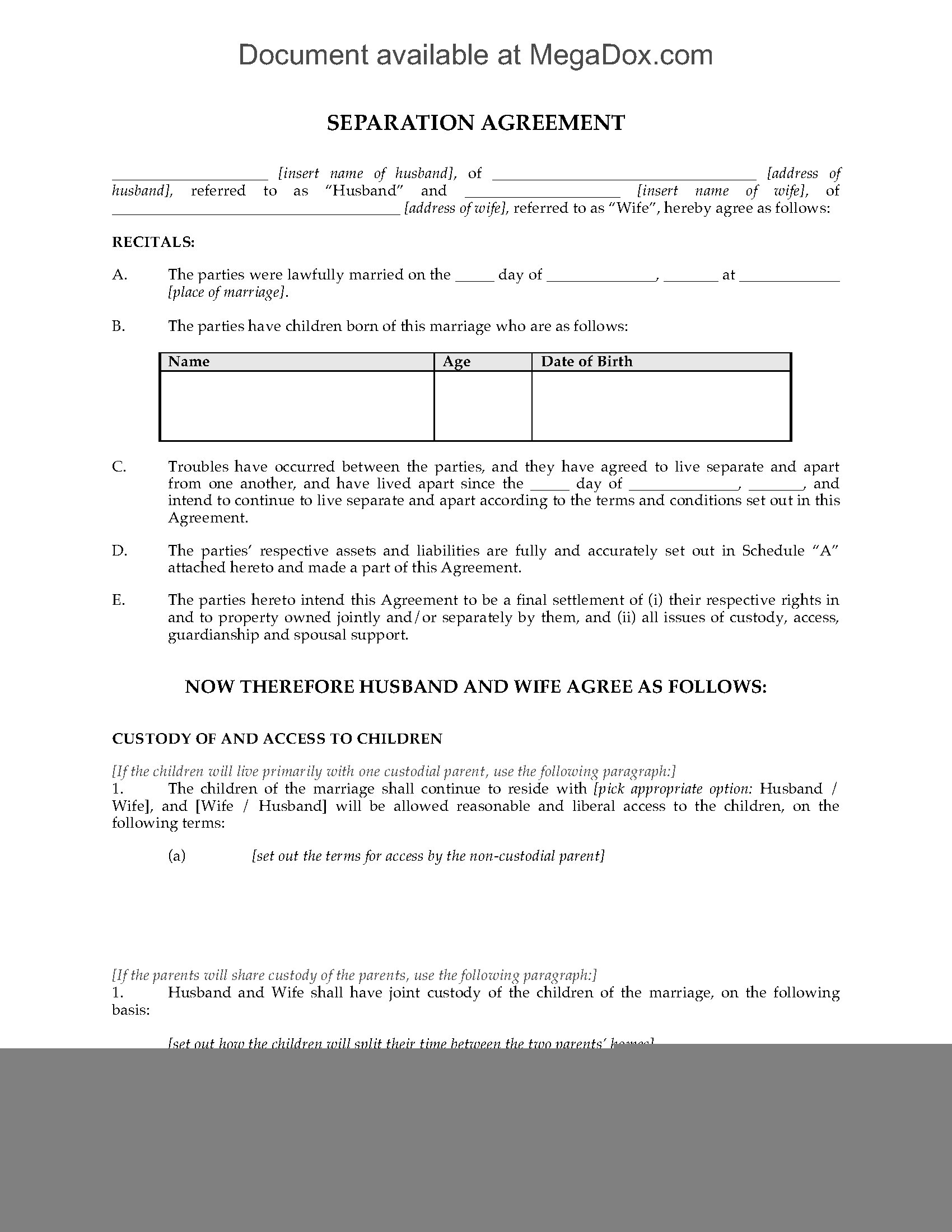 Ontario Legal Separation Agreement Template Canada Separation Agreement 