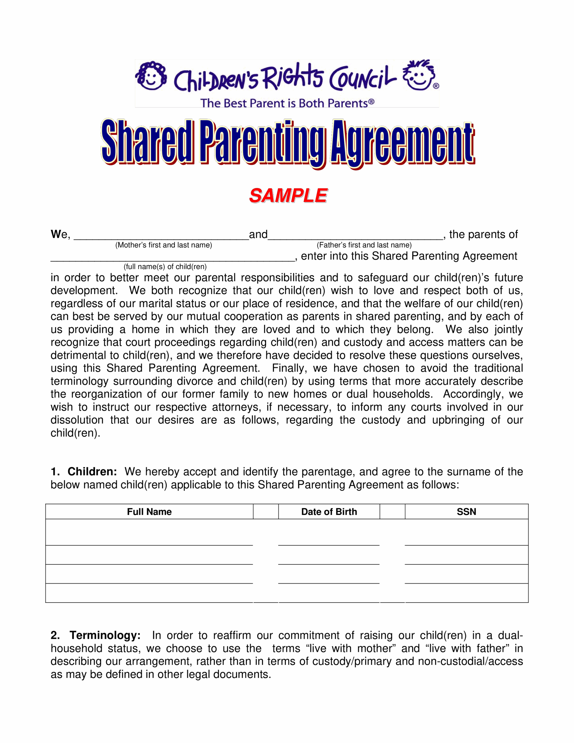 Free Printable Visitation Agreement Template