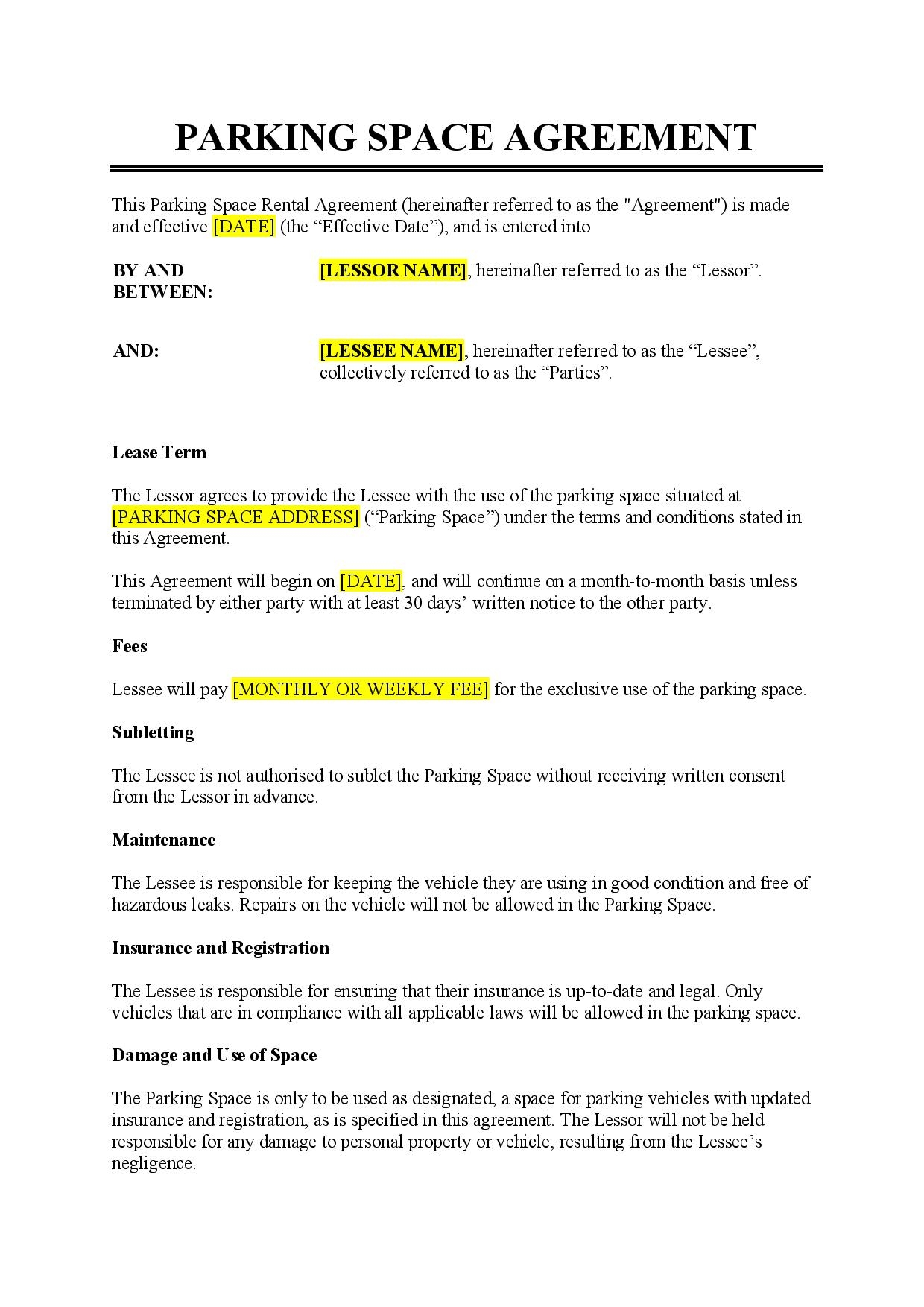 Parking Space Rental Agreement Template Free Download Easy 