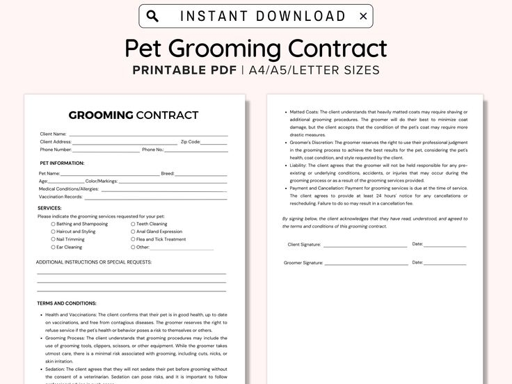 Pet Grooming Contract Printable Pet Client Grooming Agreement Dog Cat 