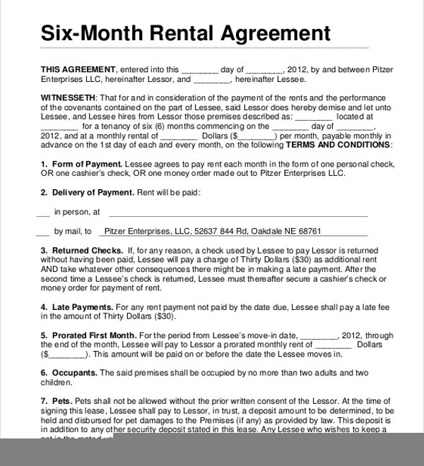 Printable 6 Month Lease Agreement Printable Lease Agreement