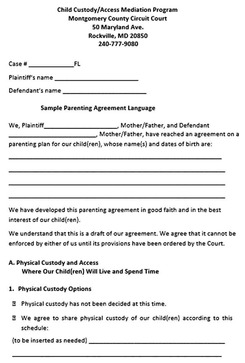 Printable Child Custody Agreement Template Printable Word Searches