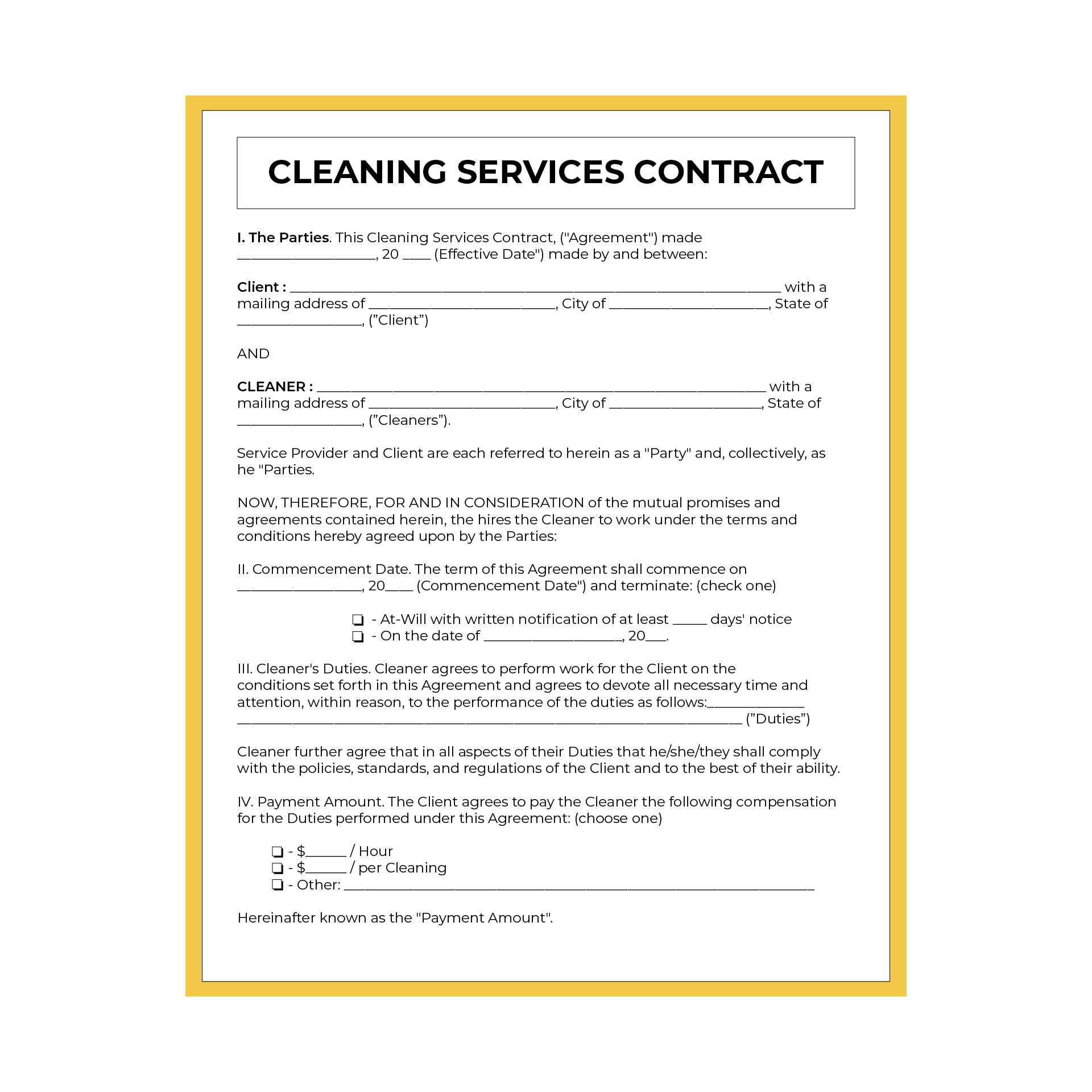 Printable Contract For Cleaning Services