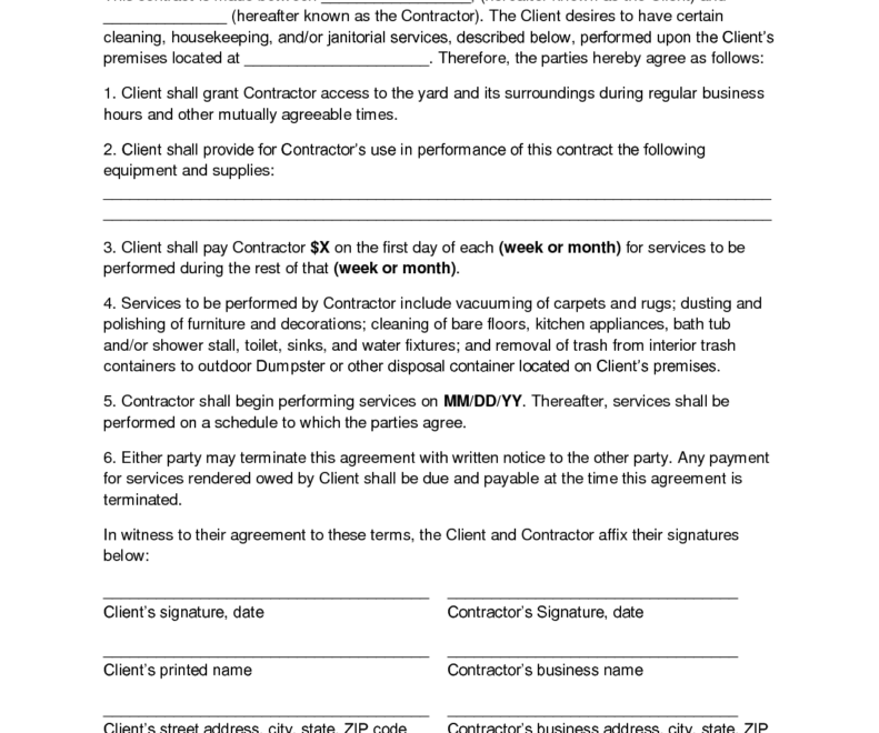 Printable Cleaning Contract Template Fillable Form 2023