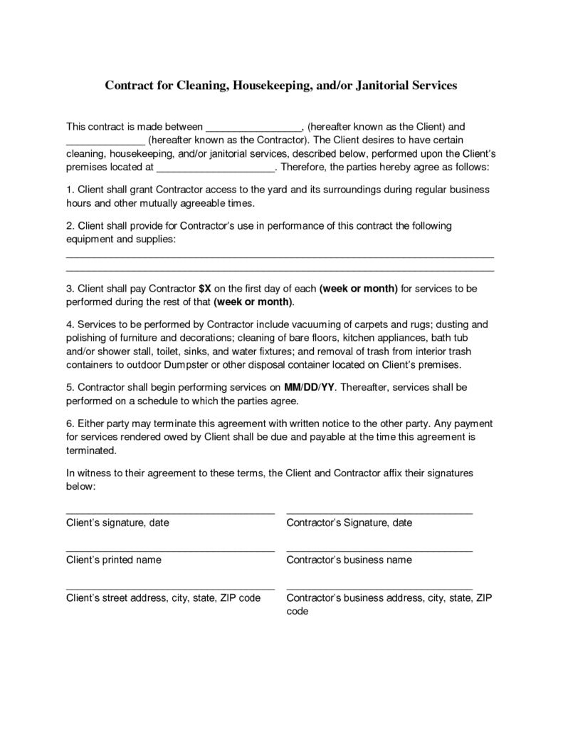 Printable Cleaning Contract Template Fillable Form 2023