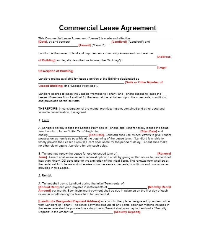 Printable Commercial Lease Agreement