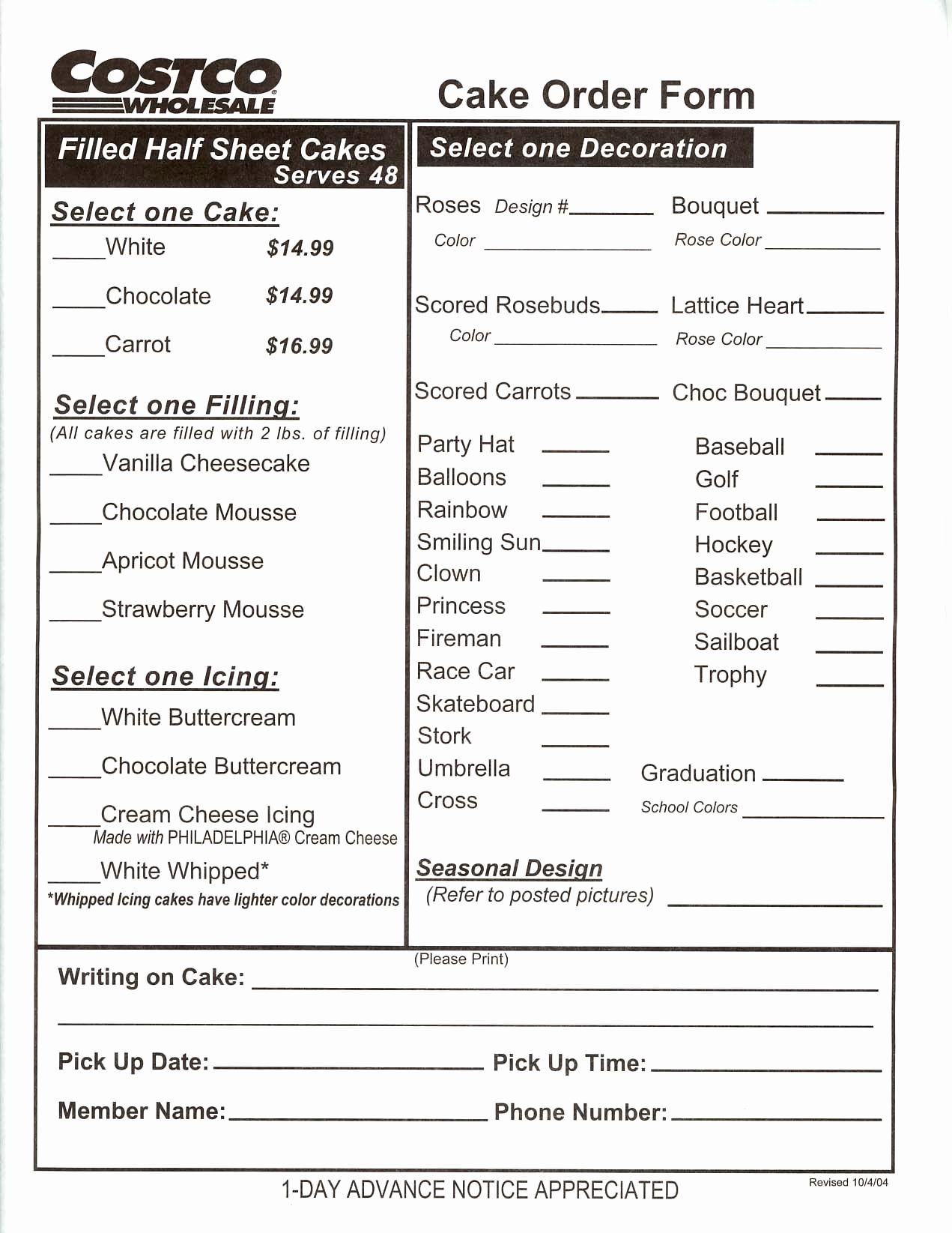 Printable Costco Cake Order Form