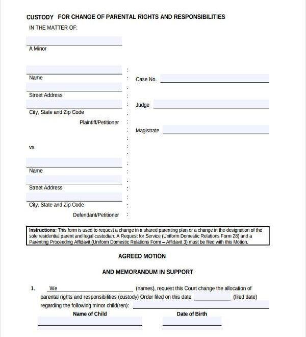 Printable Custody Agreement Forms Printable Forms Free Online