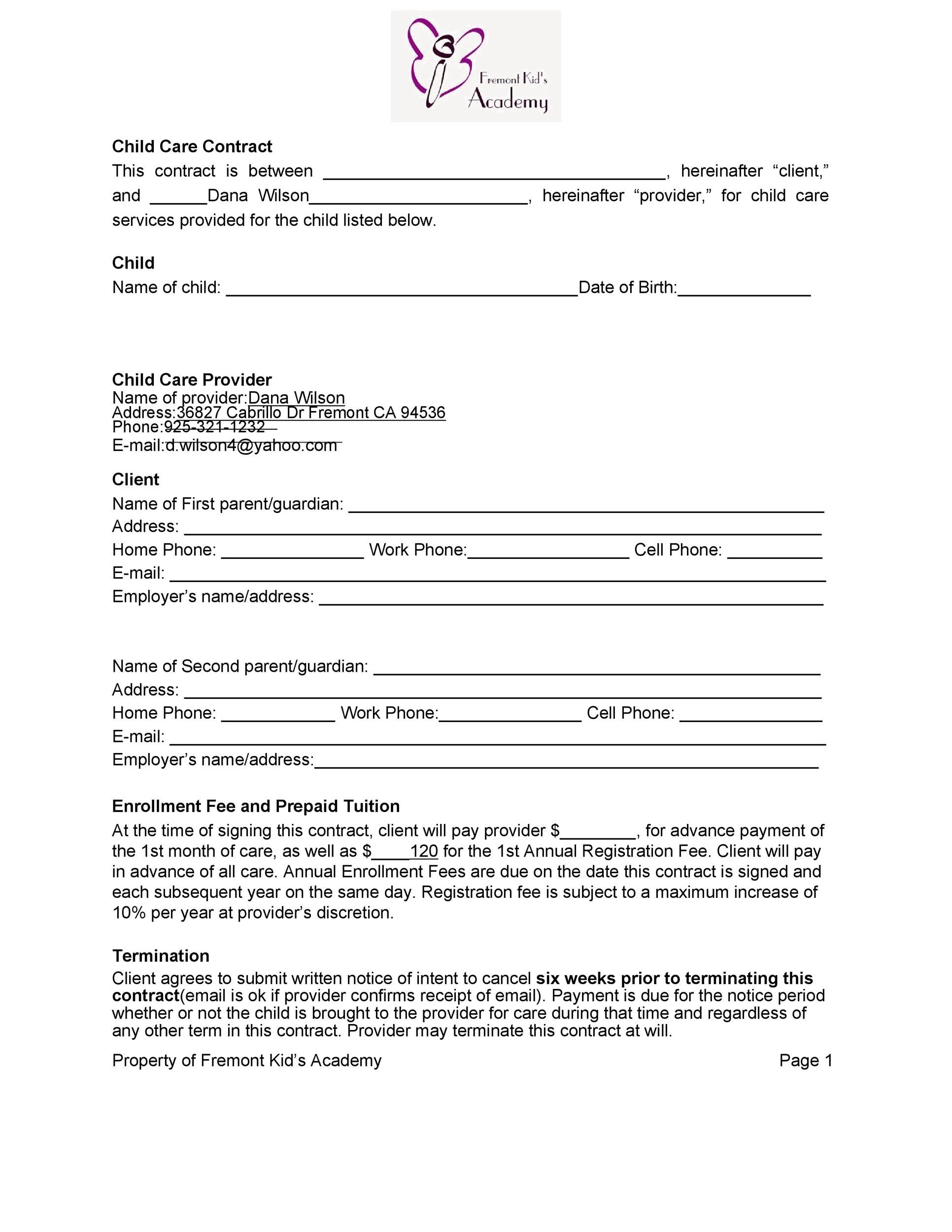 Printable Daycare Contract Template