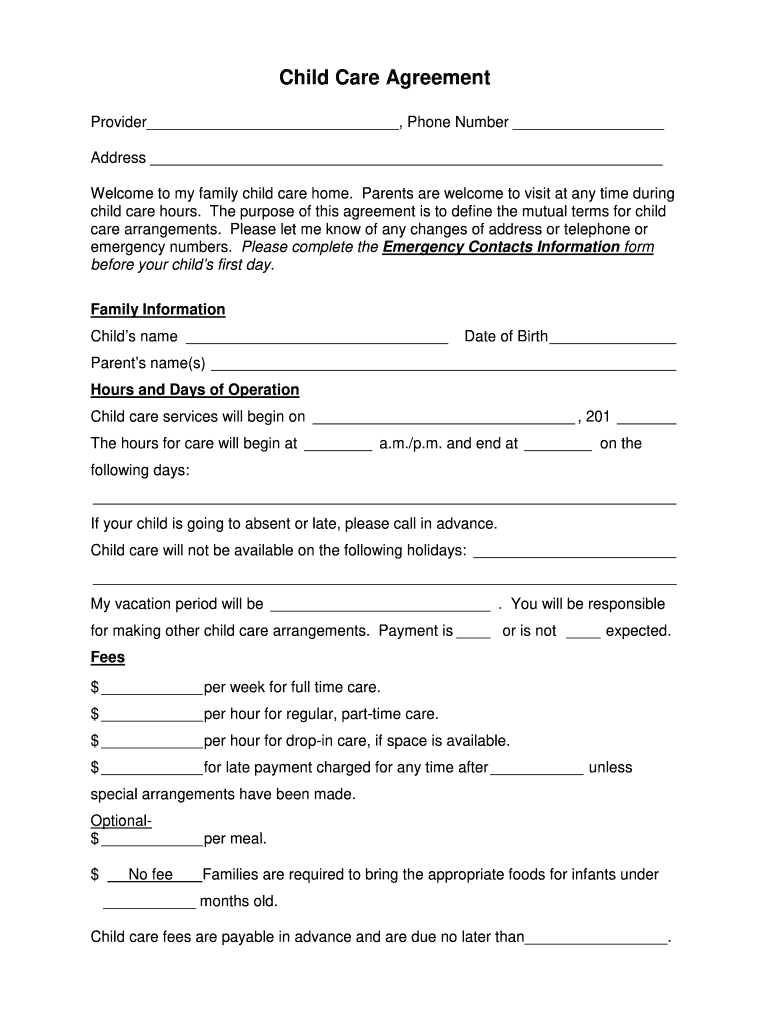 Printable Daycare Contract Template Printable World Holiday